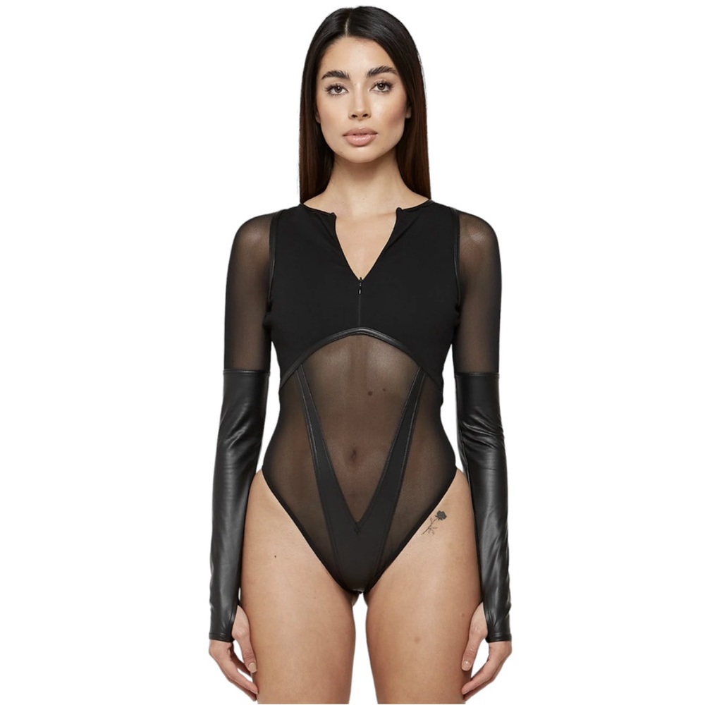 High Leg Effect Vegan Leather Bodysuit - Black